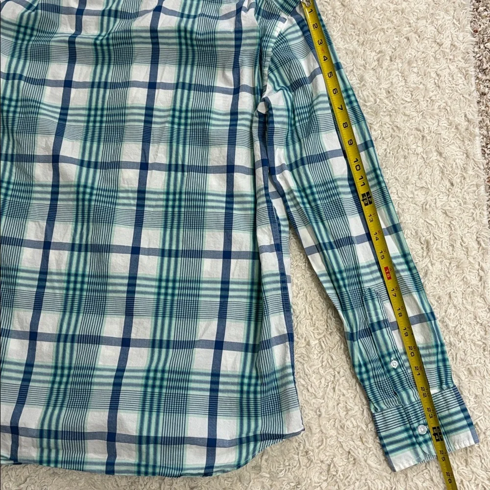 J. CREW FACTORY M Flex Washed Slim Cut blue, green, white button down shirt - Picture 7 of 8